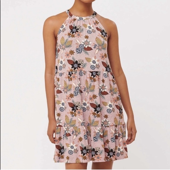 LOFT SP pink floral high neck tiered halter dress - Picture 1 of 12